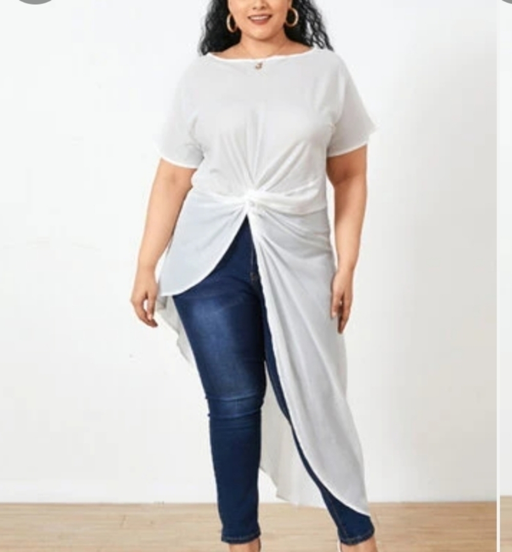 Vonda Short Sleeve Twist Side Long Asymetrical Hen White Tunic Size 5XL(20)
